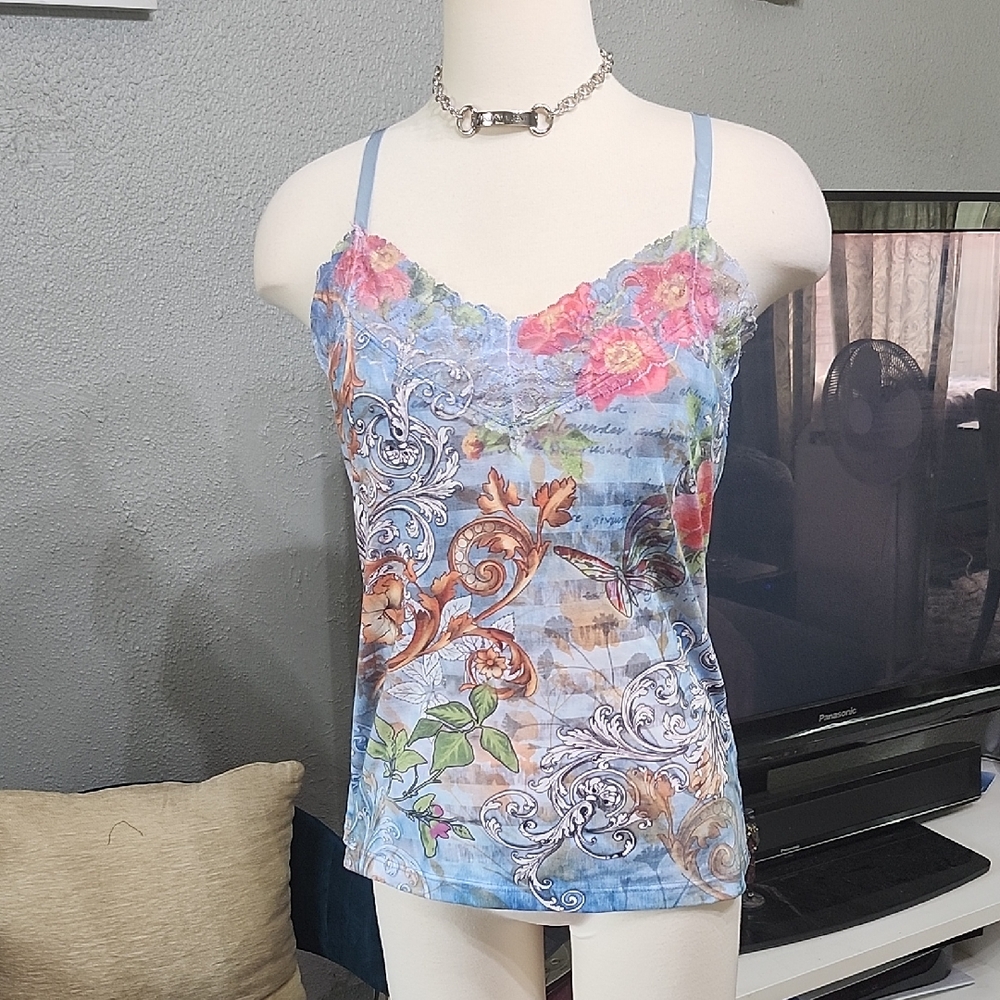Soft Surroundings Y2K Blue Floral Lace Camisole Tank Top W/Built In Support Sz.M